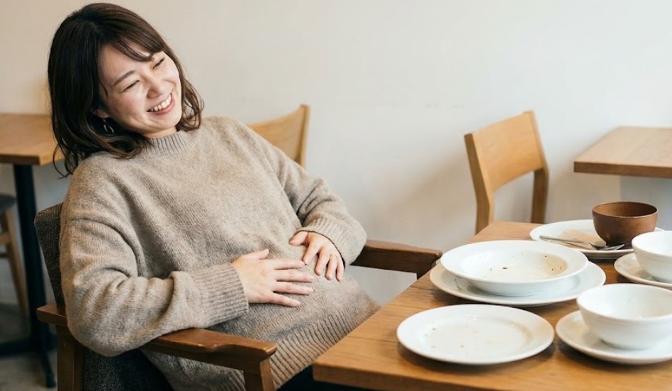 レストランで、空になった皿やボウルが並ぶ木製テーブルを前に、ベージュのニットセーターを着た女性がリラックスした様子で椅子に座り、両手でお腹に触れながら満面の笑みを浮かべている写真。彼女が食事に満足し、満腹であることが伝わってくる。