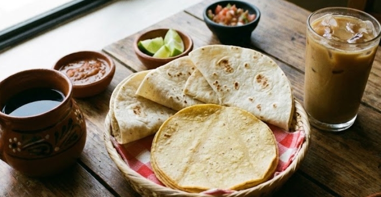 窓からの自然光が差し込む木製のテーブルの上に、陶器のマグカップに入ったホットコーヒー、グラスに入ったアイスコーヒー、バスケットに盛られたトウモロコシと小麦粉のトルティーヤ、そしてサルサ、ワカモレ、ライムが入った小皿が並べられた、メキシコ風の食事の風景。