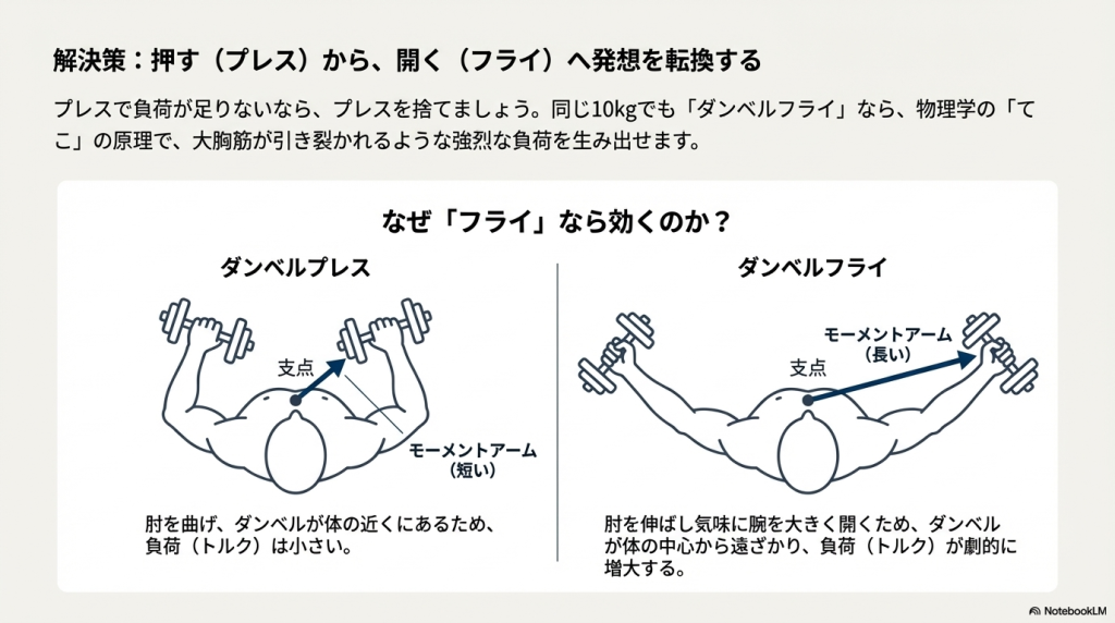ダンベルプレス（支点から近い）とダンベルフライ（支点から遠い）のモーメントアームの違いを図解。フライなら10kgでも高負荷になる理由。