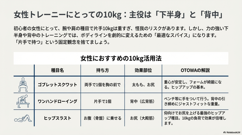 女性向けの10kgダンベル活用法。ゴブレットスクワット、ワンハンドローイング、ヒップスラストなどの推奨種目一覧。