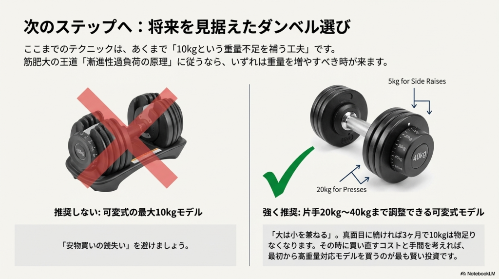 最大10kgの可変式ダンベルではなく、片手20kg〜40kgまで調整可能なモデルを推奨する比較画像。将来的な筋力向上を見越した投資の重要性