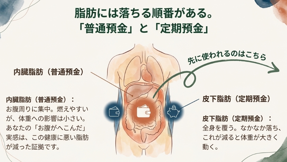 脂肪が落ちる順番の解説図。内臓脂肪は普通預金、皮下脂肪は定期預金に例えられる