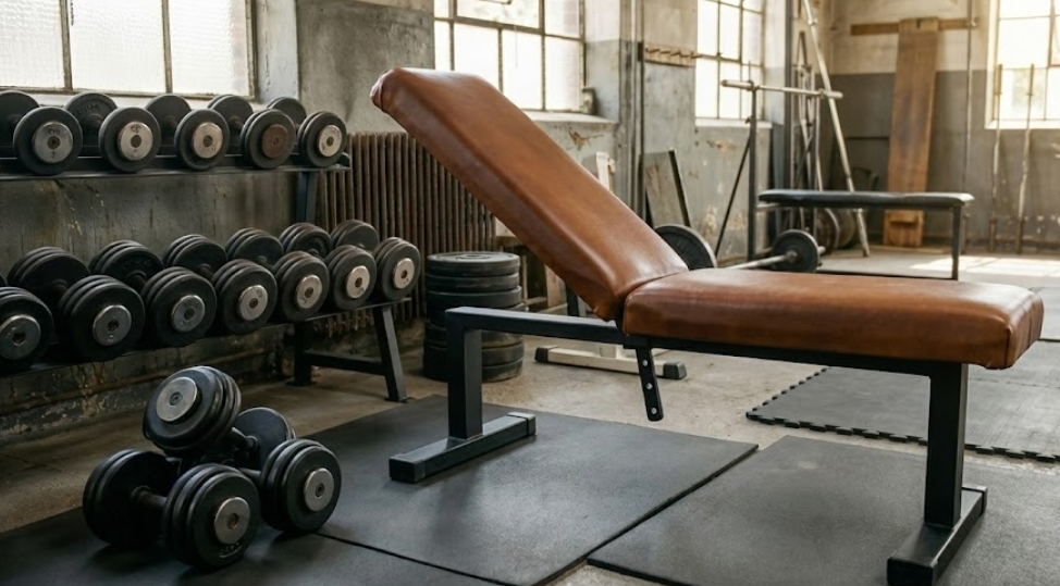 大きな鉄格子の窓から明るい自然光が差し込む、インダストリアルな雰囲気の倉庫型ジム。中央には黒いフレームに茶色のレザー張りの調整可能なトレーニングベンチが設置され、床には黒いゴムマットが敷かれている。左側のラックには鋳鉄製のダンベルが重量別に整然と並び、床にも数組のダンベルとウエイトプレートが置かれている。背景にはコンクリートの壁と、他のバーベルやラックなどのトレーニング器具が見える。