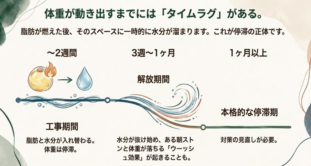 脂肪減少と水分貯留による体重停滞のタイムラグと期間の目安。工事期間と解放期間の図解