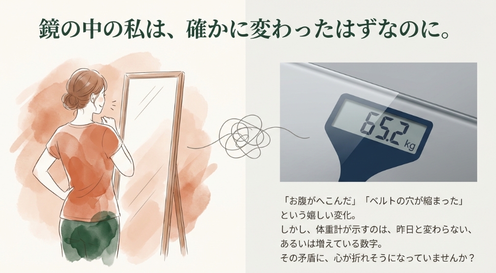 体重計に乗っても数値が変わらず、鏡の中の変化とのギャップに悩むイメージ