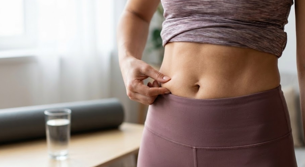 自宅のリビングで、スポーツウェアを着た女性が、引き締まったお腹の皮膚を指でつまんで、脂肪の状態を確認しているクローズアップ写真。背景にはヨガマットと水が入ったグラスが見える。