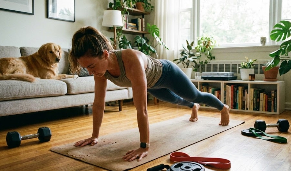 日当たりの良い自宅のリビングルームで、コルク製のヨガマットの上で完璧なプランクの姿勢を保ち、筋力トレーニングに励むスポーツウェア姿の女性。彼女の周りにはダンベルやレジスタンスバンドが置かれ、背景のソファではゴールデンレトリバーがリラックスして様子を眺めている。