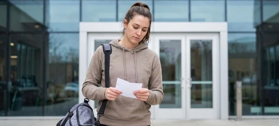 ポニーテールで茶色のパーカーを着た若い女性が、フィットネスセンターのガラス張りの建物の前に立ち、少し浮かない顔で手元の白い書類を見つめている。彼女は肩にスポーツバッグをかけている。