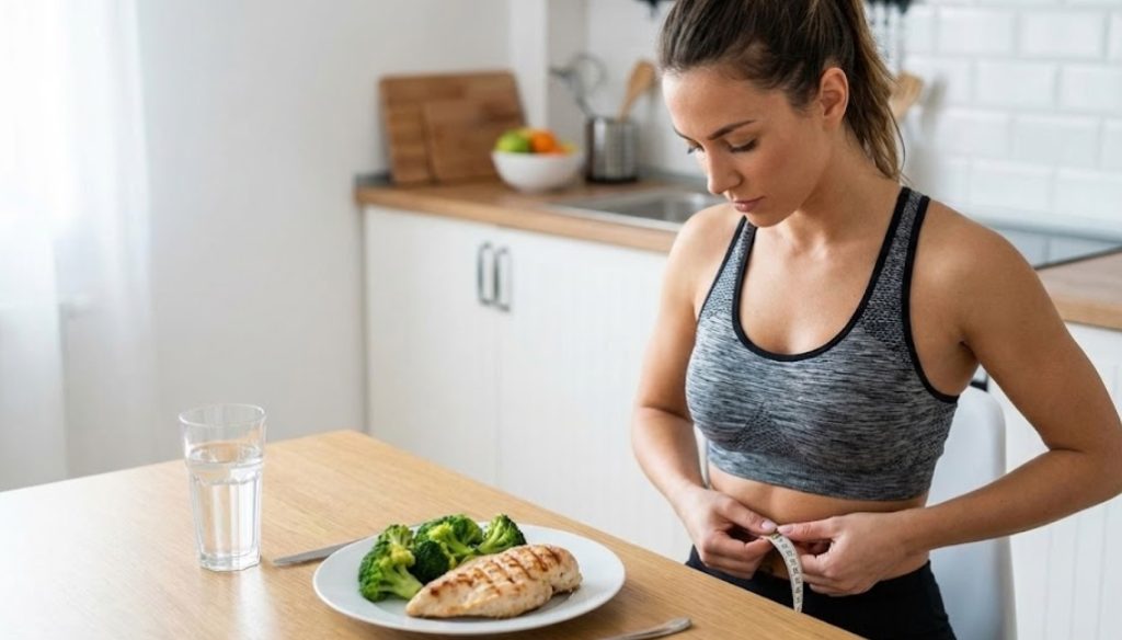 明るいキッチンで、スポーツブラとレギンスを着用した若い女性が、真剣な表情でメジャーを使ってウエストのサイズを測っている。目の前の木製テーブルには、グリルした鶏むね肉とブロッコリーが盛られた皿、水が入ったグラス、カトラリーが置かれている。