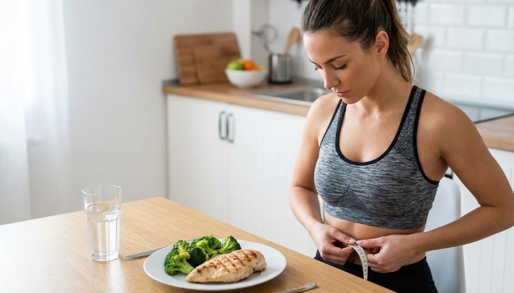 明るいキッチンで、スポーツブラとレギンスを着用した若い女性が、真剣な表情でメジャーを使ってウエストのサイズを測っている。目の前の木製テーブルには、グリルした鶏むね肉とブロッコリーが盛られた皿、水が入ったグラス、カトラリーが置かれている。