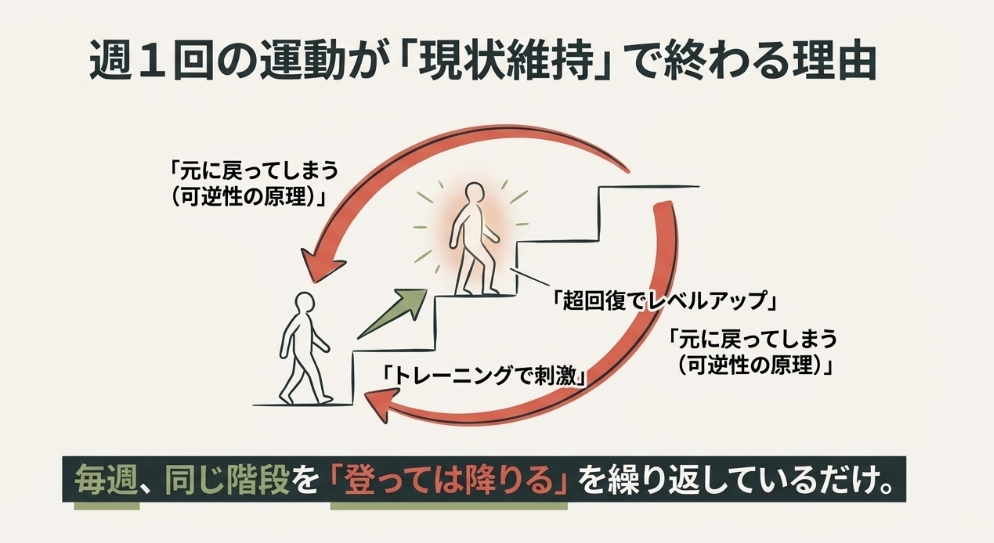 週1回のトレーニングでは効果が現状維持になってしまう可逆性の原理の図解