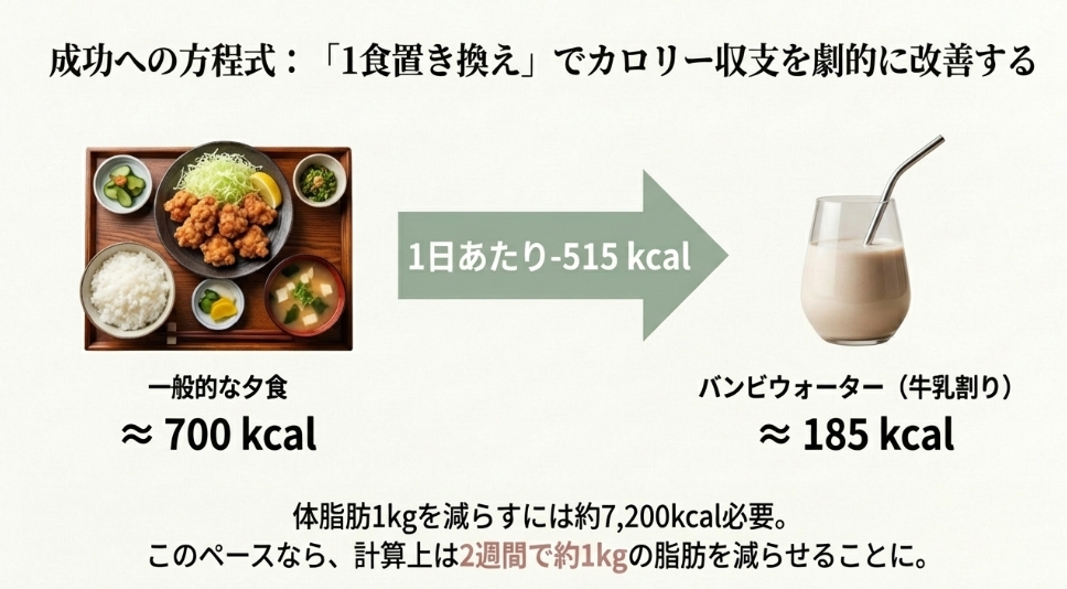 一般的な夕食700kcalをバンビウォータープロテイン185kcalに置き換えることで、1日マイナス515kcalを実現するダイエット計算式