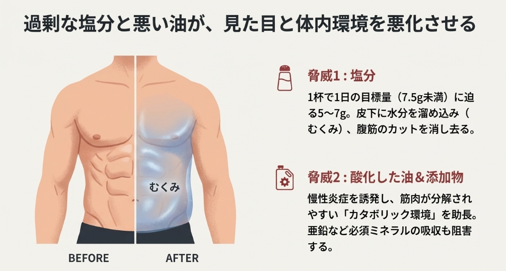 カップラーメンの塩分過多が引き起こすむくみ(浮腫)と、それにより腹筋のカットが消える様子の比較図