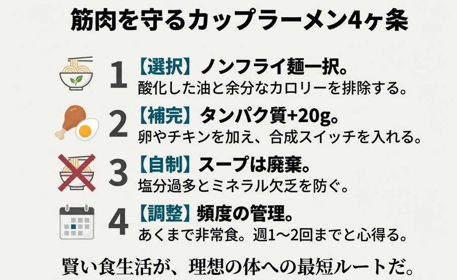 ノンフライ麺の選択、タンパク質追加、スープ廃棄、頻度管理からなる、筋肉を守るための4つの鉄則