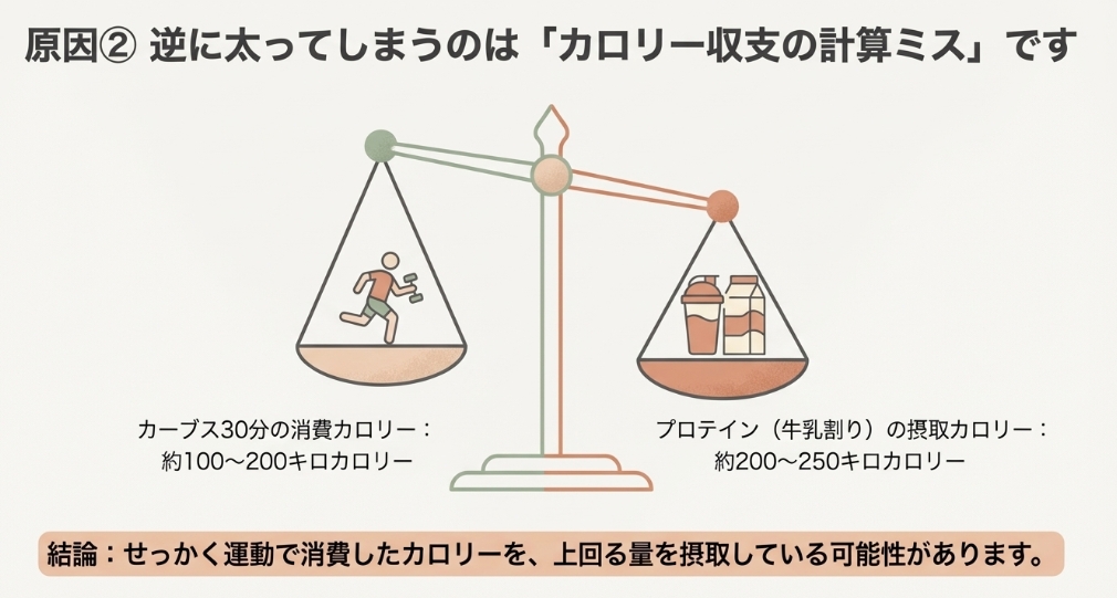 カーブス30分の消費カロリーと牛乳割りプロテインの摂取カロリー比較