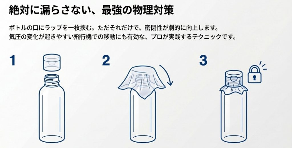シャンプーボトルの口にラップを挟んで液漏れを防ぐ最強の物理対策