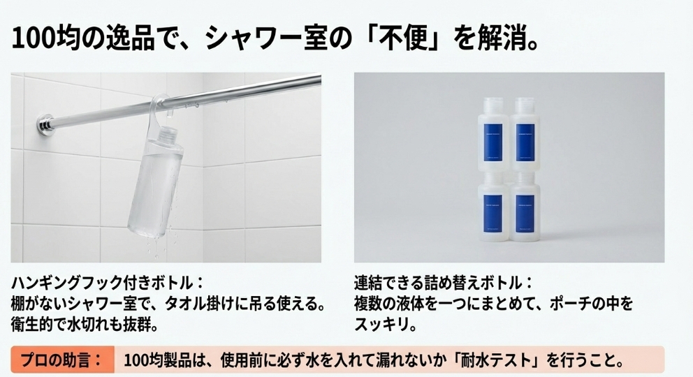 1100均のハンギングフックや連結ボトルなどの便利グッズ活用術