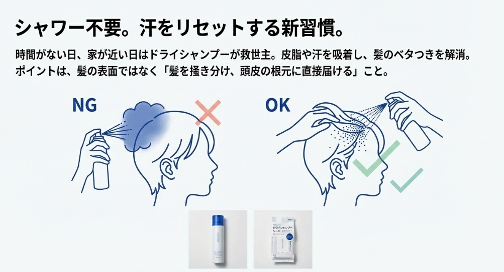 ドライシャンプーを頭皮に直接届ける正しい使い方とNG例のイラスト