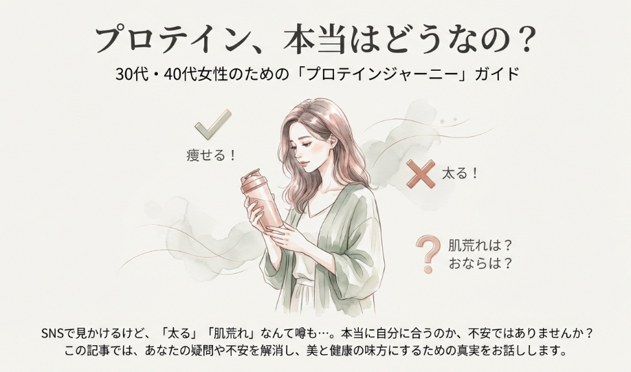 女性がプロテインシェイカーを持っているイラストと、痩せる・太る・肌荒れなどの疑問点を示すアイコン