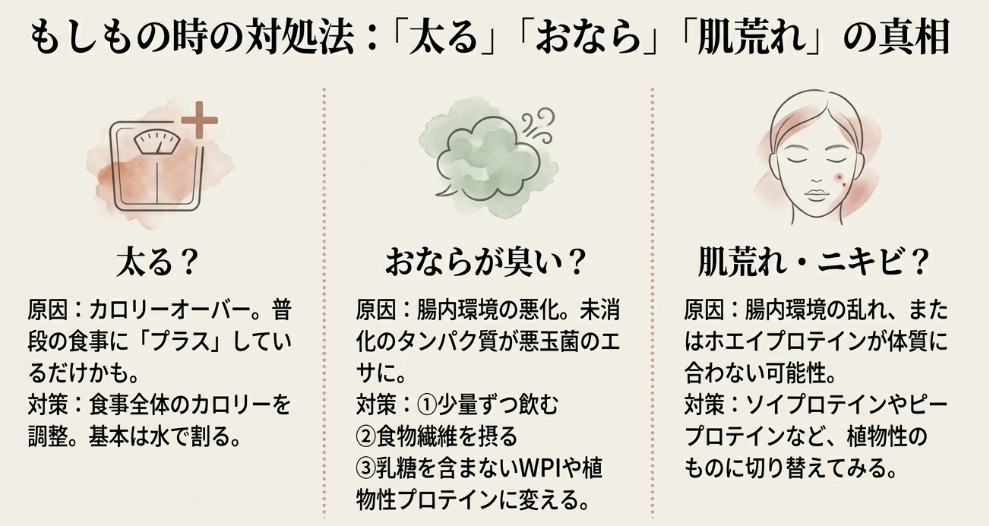 プロテイン摂取による体重増加、おならの臭い、肌荒れ・ニキビの原因と対策をまとめた図解