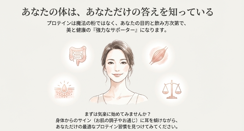 笑顔の女性のイラストと、自分に合ったペースでプロテイン習慣を始めるためのメッセージ