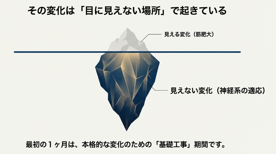 氷山のイラスト。水面下にある大きな神経系の適応とわずかな筋肥大を表している