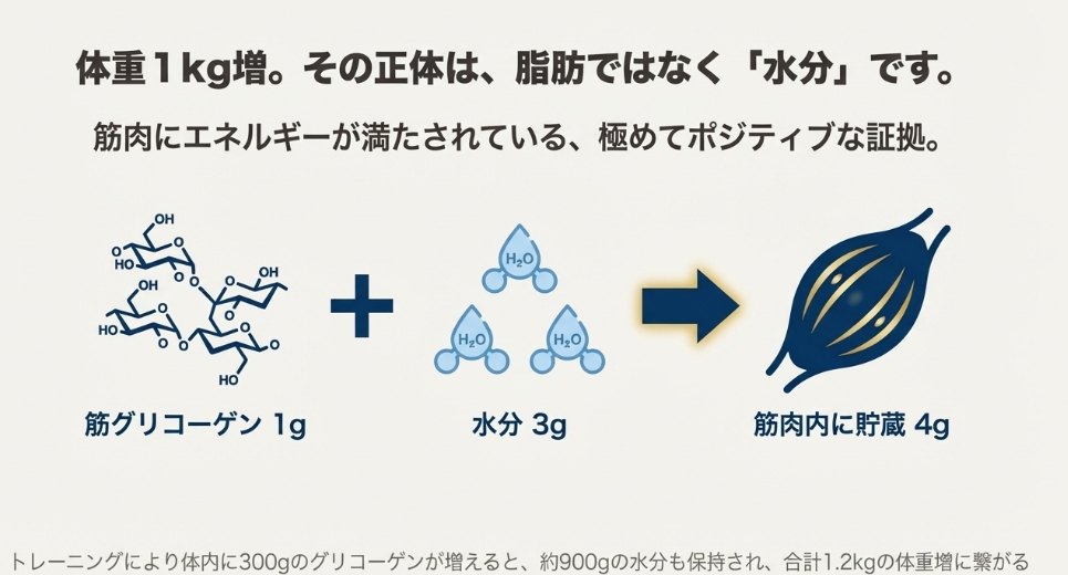 グリコーゲン1gに対して水分3gが結合する化学的なメカニズム図