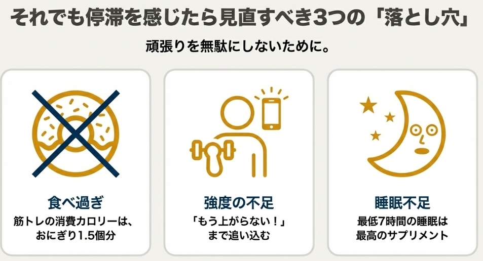 ドーナツの禁止マークと共に、食べ過ぎ・強度不足・睡眠不足という3つの落とし穴を示した図