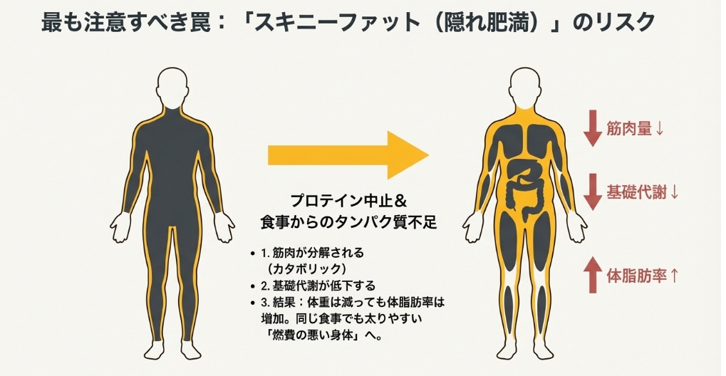 プロテイン中止による筋肉減少と隠れ肥満（スキニーファット）のリスク図解