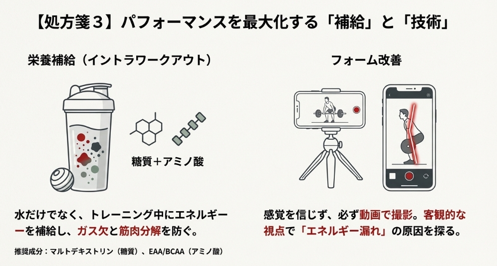 トレーニング中の糖質・アミノ酸補給とスマートフォンによるフォームチェックの重要性