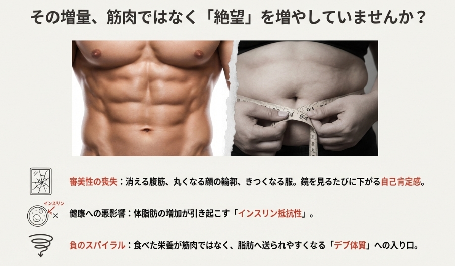 過度な増量による体脂肪増加でお腹が出た状態と腹筋の比較