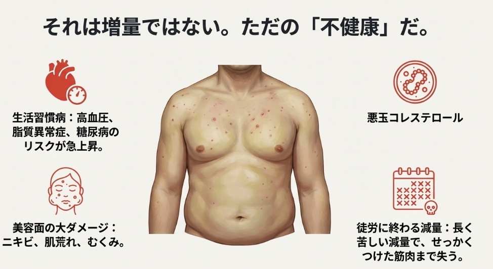 ダーティバルクによる健康被害、肌荒れ、減量の苦労を示すアイコン
