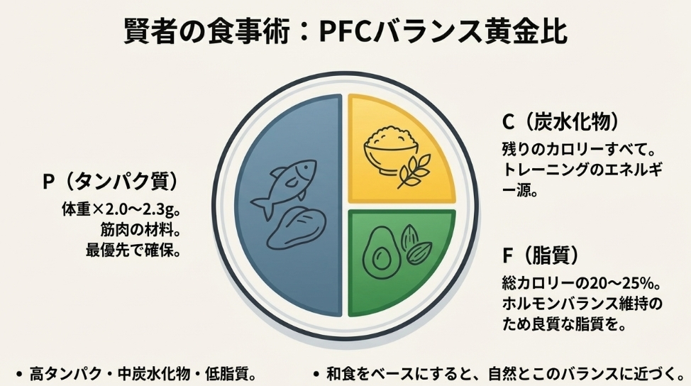 筋肥大のための理想的なPFCバランスを示した食事プレートのイラスト