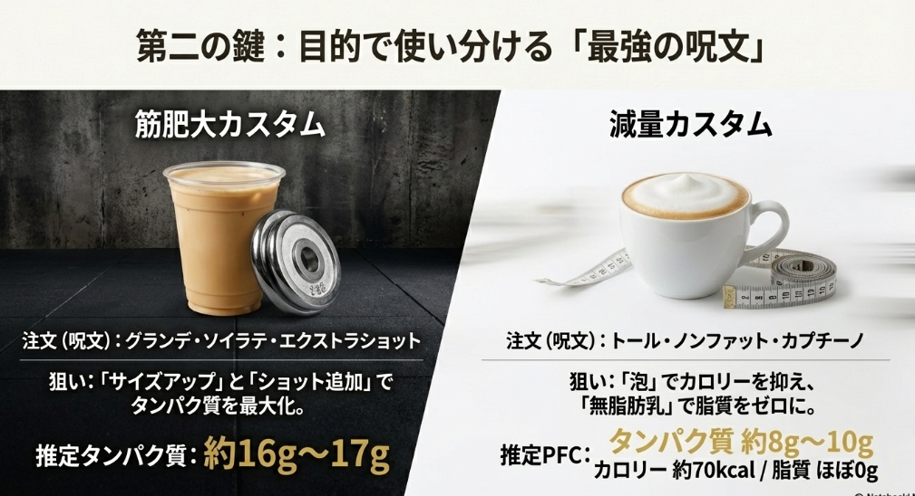 目的別スターバックスカスタム注文法。筋肥大狙いのグランデ・ソイラテ・エクストラショットと、減量狙いのトール・ノンファット・カプチーノ。