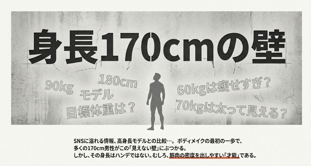 身長170cmの男性がボディメイクで直面する悩みと可能性を示したタイトルスライド