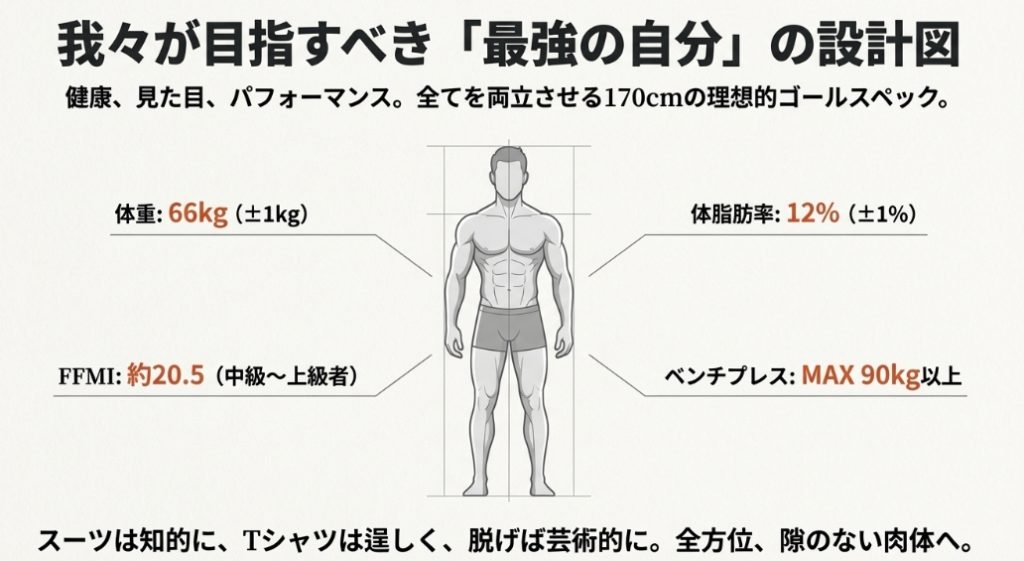 身長170cmの男性が目指すべき理想の体重・体脂肪率・筋力のゴールスペック詳細図