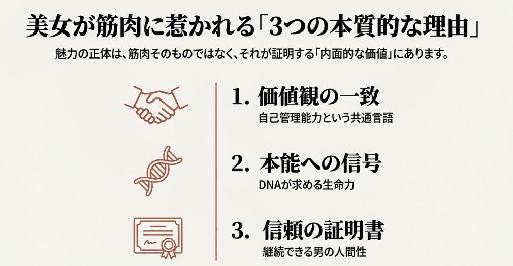 美女がマッチョを選ぶ3つの理由：価値観の一致、本能への信号、信頼の証明書