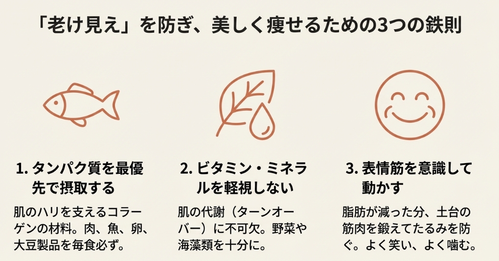 タンパク質摂取、ビタミン・ミネラル、表情筋の3つの鉄則をアイコン付きで解説した図。
