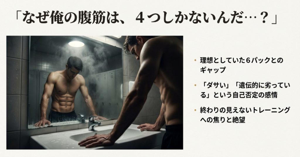 鏡を見て腹筋のパック数に悩みショックを受ける男性のイメージ