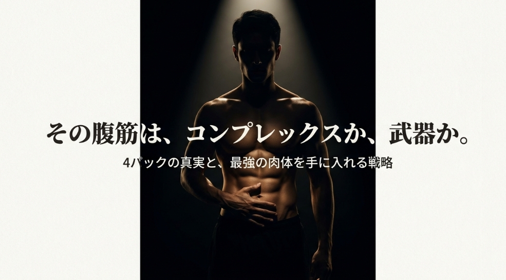 記事タイトルスライド：その腹筋はコンプレックスか武器か。4パックの真実と最強の肉体を手に入れる戦略