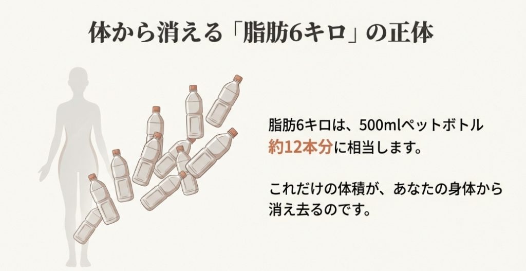 脂肪6キロの体積は500mlペットボトル約12本分に相当するイラスト