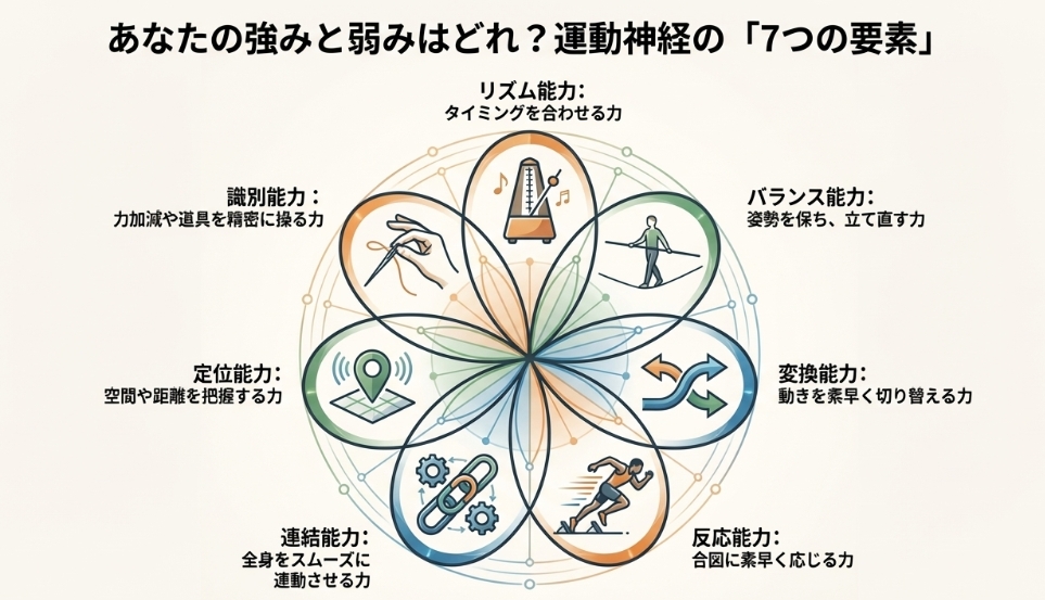 リズム・バランス・変換・反応・連結・定位・識別の7つのコーディネーション能力を示すチャート