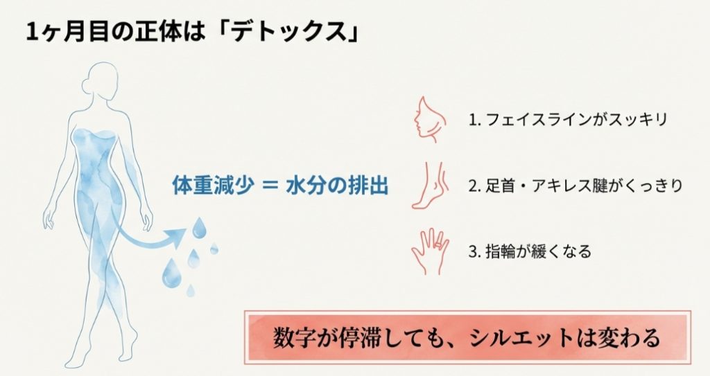1ヶ月目の変化の正体はデトックス。フェイスラインがスッキリし、水分排出により体重が減少。足首やアキレス腱がくっきりし、指輪が緩くなる等の変化が現れる。