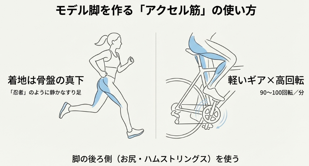モデル脚を作るフォーム図解。ランニングは骨盤の真下に着地し静かなすり足を意識。エアロバイクは軽いギアで高回転（90〜100回転/分）させ、脚の後ろ側を使う。