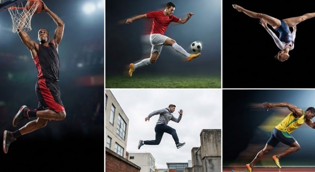 運動神経がいい人たちのダイナミックなアクション写真のコラージュ。バスケットボールのダンク、サッカーのボレー、体操の跳躍、パルクールのジャンプ、短距離走のスタートの瞬間を捉えた5枚の写真。