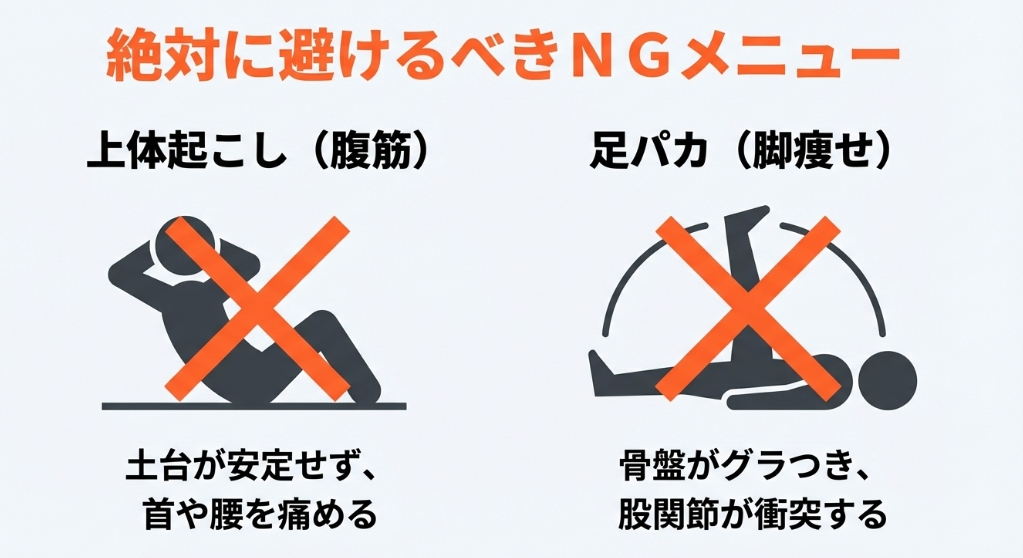 ベッドの上で行ってはいけないNG筋トレメニュー（上体起こし・足パカ）