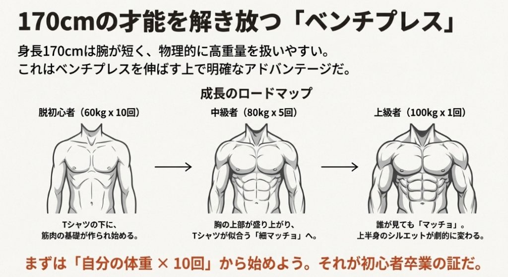 ベンチプレスの重量（60kg, 80kg, 100kg）による大胸筋と見た目の変化過程を示した図