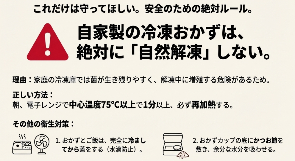 お弁当の食中毒を防ぐ安全ルールと自然解凍の禁止 / 警告マークと正しい再加熱方法の解説