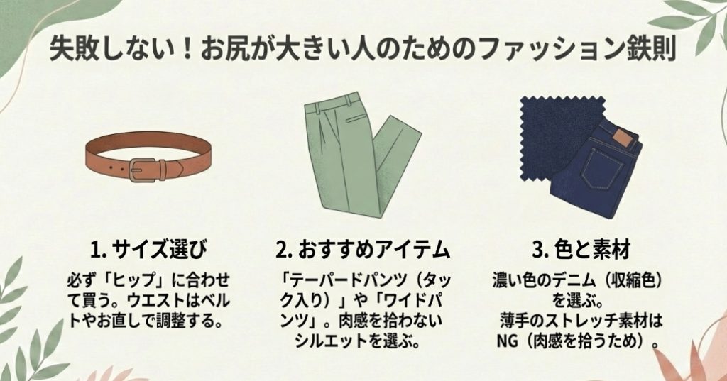 パンツのサイズ選び、テーパードパンツ、濃い色のデニムなどのファッション対策3選