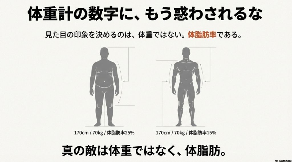 同じ身長170cmでも体脂肪率25%と15%で見た目のシルエットが大きく異なる比較図